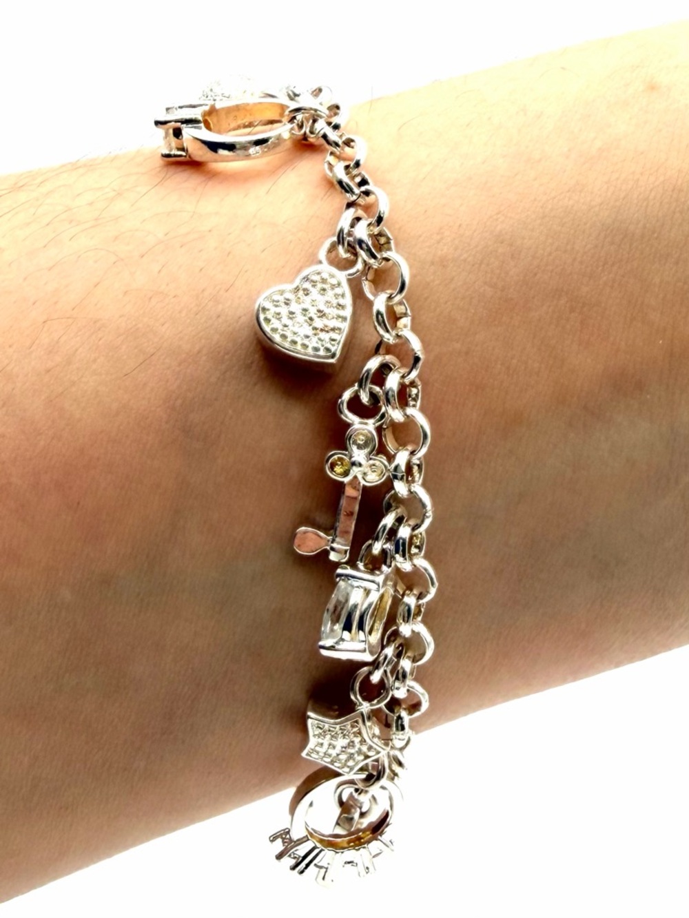 Silver Tone Multi-Charm Bracelet Heart Key Cross Moon Dangle Charms
